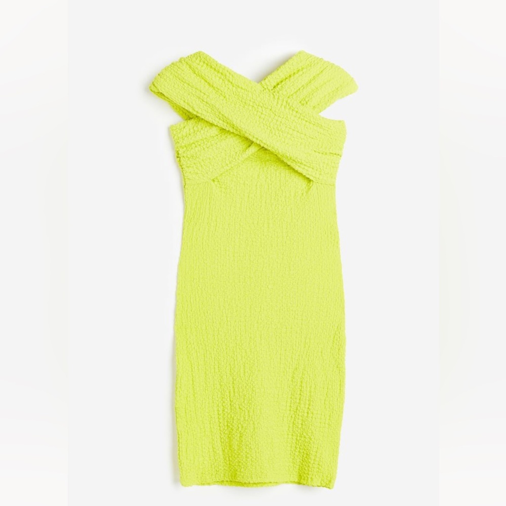 NWT! H&M Textured Off The Shoulder Dress in Neon Yellow - M